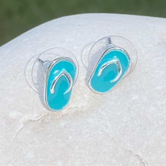 Thong sandals flip flops earrings slippahs silver tone turquoise enamel studs - Picture 8 of 8